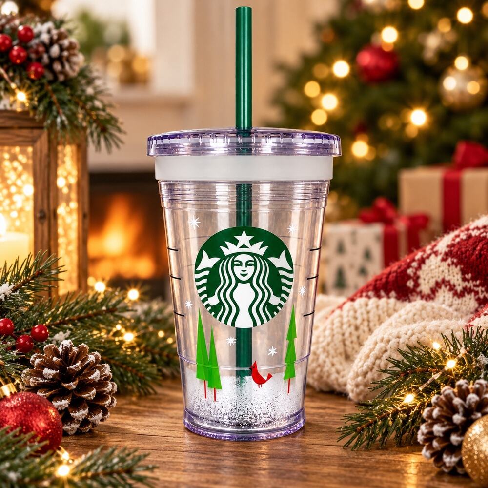 Starbucks 2011 Holiday Cold Cup 16 oz Cardinal Trees Green Straw